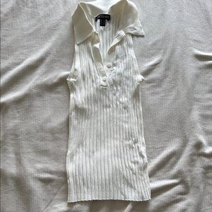 White Sleeveless Ribbed Polo Top